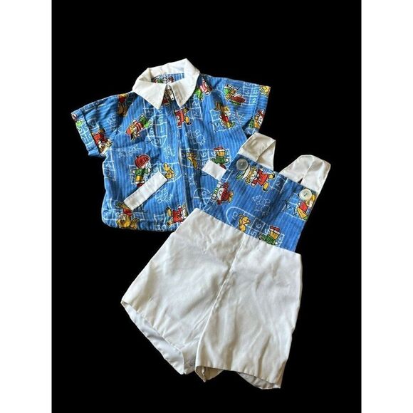6 Mo Baby Boy Full Zip Lightweight Jacket & Shortalls Shorts Overalls Vtg - Picture 1 of 6